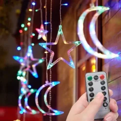 Ramadan Festival Light with Remote Control 3.5m 120LEDs Star Moon Curtain Light 8 Modes Wedding Birthday Party Outdoor Waterproof Tent Bedroom Living Room Balcony Garden Decorative Light