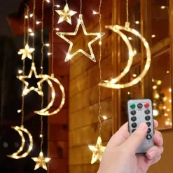 Ramadan Festival Light with Remote Control 3.5m 120LEDs Star Moon Curtain Light 8 Modes Wedding Birthday Party Outdoor Waterproof Tent Bedroom Living Room Balcony Garden Decorative Light