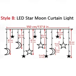 Ramadan Festival Light with Remote Control 3.5m 120LEDs Star Moon Curtain Light 8 Modes Wedding Birthday Party Outdoor Waterproof Tent Bedroom Living Room Balcony Garden Decorative Light