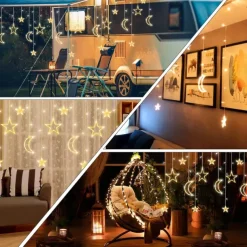 Ramadan Festival Light with Remote Control 3.5m 120LEDs Star Moon Curtain Light 8 Modes Wedding Birthday Party Outdoor Waterproof Tent Bedroom Living Room Balcony Garden Decorative Light