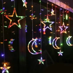 Ramadan Festival Light with Remote Control 3.5m 120LEDs Star Moon Curtain Light 8 Modes Wedding Birthday Party Outdoor Waterproof Tent Bedroom Living Room Balcony Garden Decorative Light