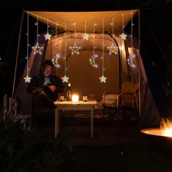 Ramadan Festival Light with Remote Control 3.5m 120LEDs Star Moon Curtain Light 8 Modes Wedding Birthday Party Outdoor Waterproof Tent Bedroom Living Room Balcony Garden Decorative Light