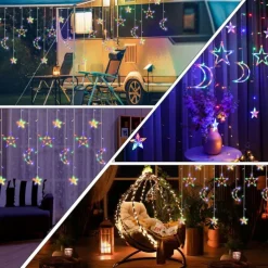 Ramadan Festival Light with Remote Control 3.5m 120LEDs Star Moon Curtain Light 8 Modes Wedding Birthday Party Outdoor Waterproof Tent Bedroom Living Room Balcony Garden Decorative Light