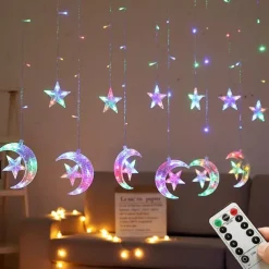 Ramadan Star & Moon Curtain String Lights - 3.5m 138 LEDs USB Powered with Remote Control, 8 Modes for Home & Party Decor