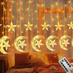 Ramadan Star & Moon Curtain String Lights - 3.5m 138 LEDs USB Powered with Remote Control, 8 Modes for Home & Party Decor