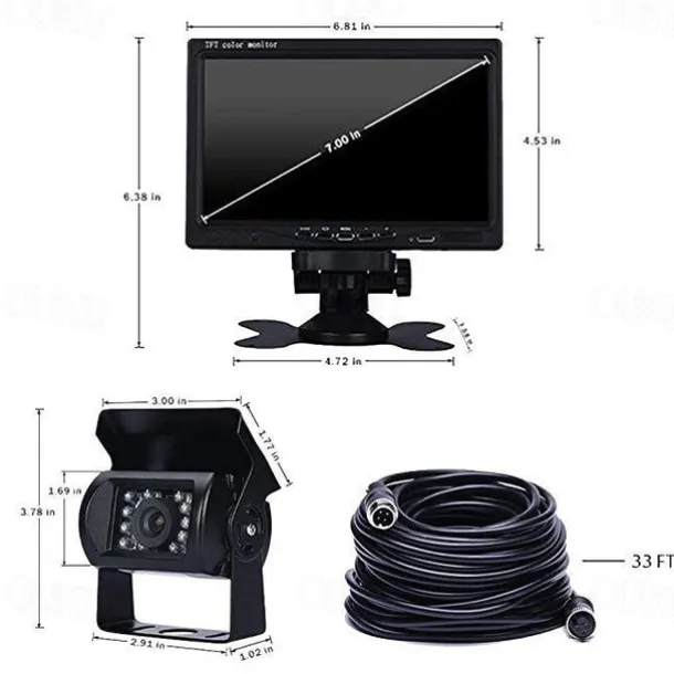 Rear View Camera Kit with 7 LCD Monitor 120 Wide Angle Rearview Camera IP68 Waterproof 18IR Night Vision Reversing Camera for Truck Trailer Bus Van Agriculture Heavy Transport (9-32V)