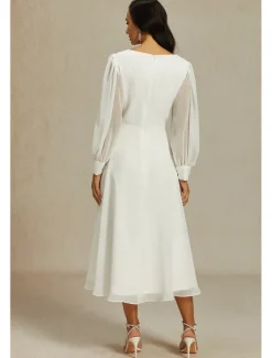 Reception Little White Dresses Wedding Dresses A-Line V Neck Long Sleeve Ankle Length Chiffon Bridal Gowns With Solid Color 2025