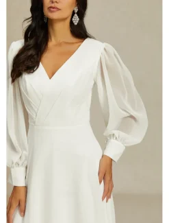 Reception Little White Dresses Wedding Dresses A-Line V Neck Long Sleeve Ankle Length Chiffon Bridal Gowns With Solid Color 2025