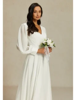 Reception Little White Dresses Wedding Dresses A-Line V Neck Long Sleeve Ankle Length Chiffon Bridal Gowns With Solid Color 2025