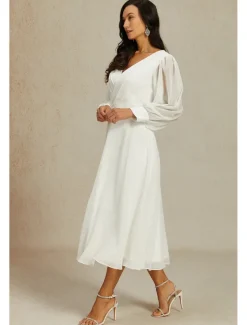 Reception Little White Dresses Wedding Dresses A-Line V Neck Long Sleeve Ankle Length Chiffon Bridal Gowns With Solid Color 2025
