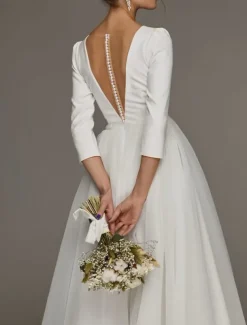 Reception Vintage 1940s / 1950s Little White Dress Bridal Shower Dresses Wedding Dresses A-Line V Neck 3/4 Length Sleeve Tea Length Satin Bridal Gowns With Solid Color