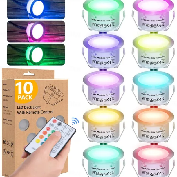 Recessed LED Deck Light 16 RGB Colors/4 Lighting Modes Timing RF Remote Control IP67 Waterproof LED in Ground Lights for Outdoor Yard Garden Stair Patio Pool Deck Kitchen 10Pack