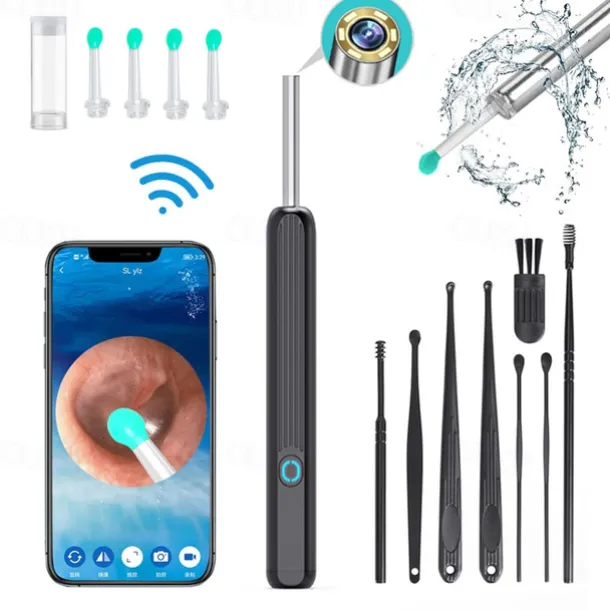 Rechargeable Ear Wax Removal Endoscope Kit with 5 Scoops, 8 Picks, and 1080P Camera, 1296P FHD Wireless Ear Otoscope with 6 LED 3.6mm Visual Ear Scope Camera