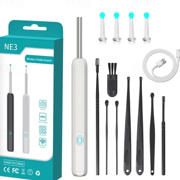 Rechargeable Ear Wax Removal Endoscope Kit with 5 Scoops, 8 Picks, and 1080P Camera, 1296P FHD Wireless Ear Otoscope with 6 LED 3.6mm Visual Ear Scope Camera