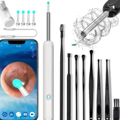 Rechargeable Ear Wax Removal Endoscope Kit with 5 Scoops, 8 Picks, and 1080P Camera, 1296P FHD Wireless Ear Otoscope with 6 LED 3.6mm Visual Ear Scope Camera
