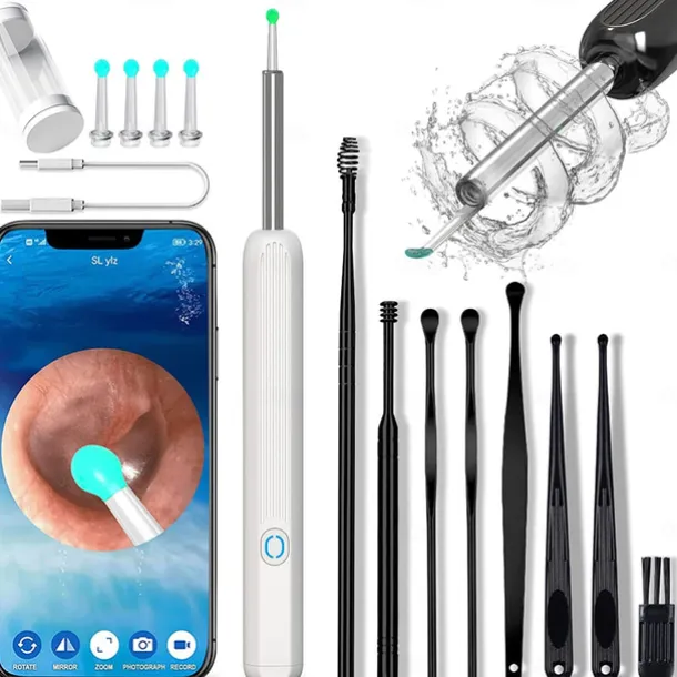 Rechargeable Ear Wax Removal Endoscope Kit with 5 Scoops, 8 Picks, and 1080P Camera, 1296P FHD Wireless Ear Otoscope with 6 LED 3.6mm Visual Ear Scope Camera