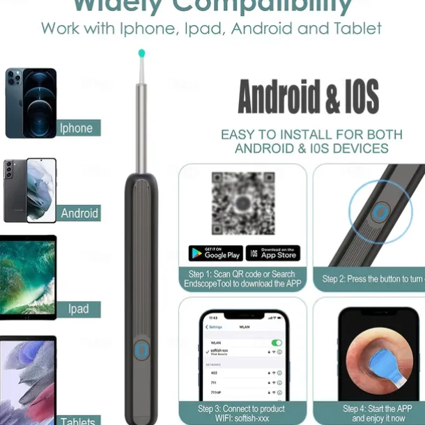 Rechargeable Ear Wax Removal Endoscope Kit with 5 Scoops, 8 Picks, and 1080P Camera, 1296P FHD Wireless Ear Otoscope with 6 LED 3.6mm Visual Ear Scope Camera