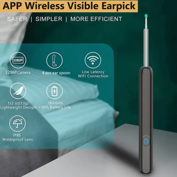Rechargeable Ear Wax Removal Endoscope Kit with 5 Scoops, 8 Picks, and 1080P Camera, 1296P FHD Wireless Ear Otoscope with 6 LED 3.6mm Visual Ear Scope Camera