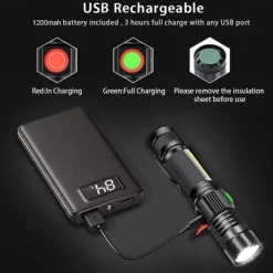Rechargeable Flashlight Magnetic LED Flashlight with COB sidelight 1200 Lumen Super Bright LED, Waterproof Zoomable 4 Modes Best Flashlight for Camping