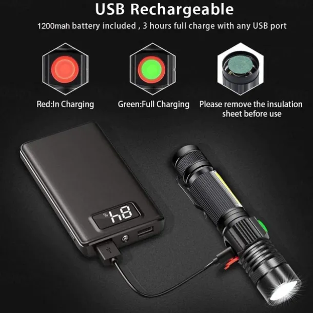 Rechargeable Flashlight Magnetic LED Flashlight with COB sidelight 1200 Lumen Super Bright LED, Waterproof Zoomable 4 Modes Best Flashlight for Camping