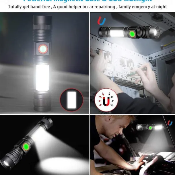 Rechargeable Flashlight Magnetic LED Flashlight with COB sidelight 1200 Lumen Super Bright LED, Waterproof Zoomable 4 Modes Best Flashlight for Camping