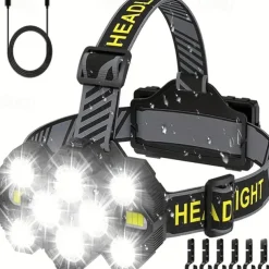 Rechargeable Headlamp Torch 10 LEDs Super Bright Head Torches 22000 Lumens 10 Modes IPX4 Headlamp Hands Rating Hands-Free Capability Ideal for Camping Cycling