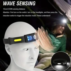 Rechargeable LED Head Torch with Motion Sensor, Lightweight Waterproof Headlamp LED Head Light for Running, Camping, Cycling