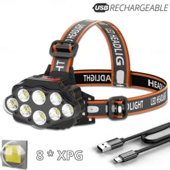 Rechargeable LED Headlamp Wide Range Lighting Headlights 4 Lighting Modes 8*XPG Camping Lantern Powerful Headlamp Fishing Lamp