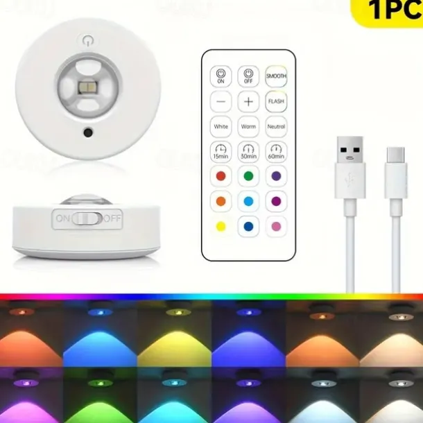 Rechargeable Magnetic RGB LED Cabinet Light with Remote Control Picture Light 12 Color Options Indoor Light for Cabinets and Display Cases USB Rechargeable Xmas Halloween Home Decorative Lamp 1/3Pcs