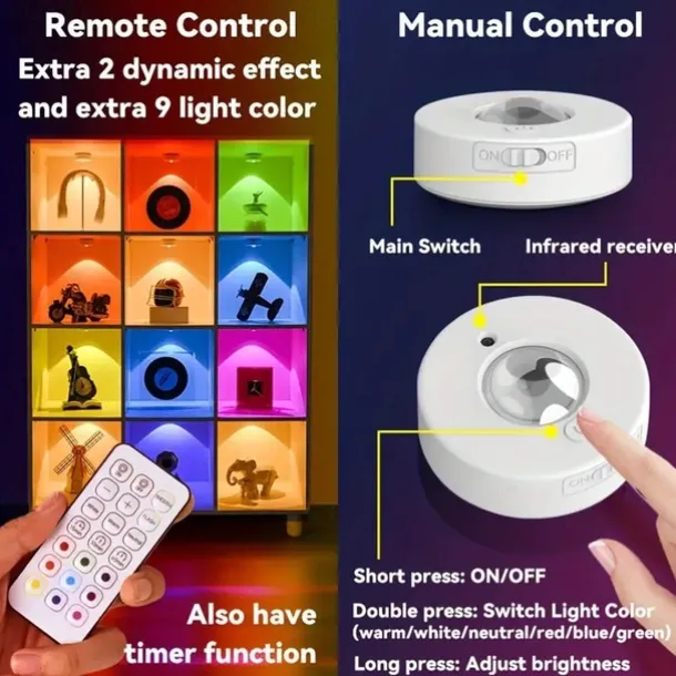 Rechargeable Magnetic RGB LED Cabinet Light with Remote Control Picture Light 12 Color Options Indoor Light for Cabinets and Display Cases USB Rechargeable Xmas Halloween Home Decorative Lamp 1/3Pcs