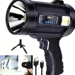 Rechargeable Spotlight Flashlight, Ultra Bright 200000 Lumen Spotlight with Stand with 3 Main Modes and 4 Color Filters, LED Spotlight Outdoor Handheld, USB Cable Included, Suitable for Boating