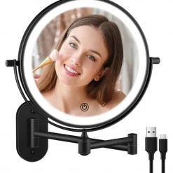 Rechargeable Wall Mounted illuminated Makeup Mirror Light 8-inch Double-sided 10x Magnifying Bathroom Mirror 3-color Lighting Touch Screen Dimming Extended Arm 360 Degree Rotating Shaving Luminous Mirror