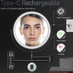 Rechargeable Wall Mounted illuminated Makeup Mirror Light 8-inch Double-sided 10x Magnifying Bathroom Mirror 3-color Lighting Touch Screen Dimming Extended Arm 360 Degree Rotating Shaving Luminous Mirror