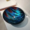 Red and Blue Color Tree Grain Round Basin Tempered Glass Wash Basin Without Faucet Suitable Waterfall Faucet Basin Holder