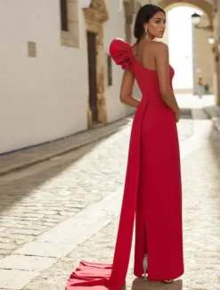 Red Black Column Evening Gown Elegant Dress Formal Wedding Guest Floor Length Sleeveless One Shoulder Detachable Stretch Crepe with Shawl