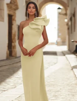 Red Black Column Evening Gown Elegant Dress Formal Wedding Guest Floor Length Sleeveless One Shoulder Detachable Stretch Crepe with Shawl