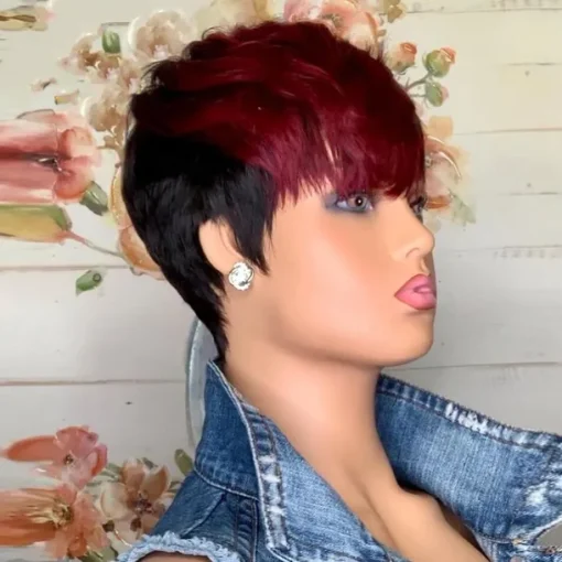 Red Burgundy 99J Ombre Color Short Wavy Bob Pixie Cut Wigs Full Machine Made Non Lace Human Hair Wigs With Bangs For Black Women 1b99j