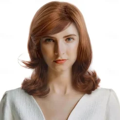Red Long 60s Wigs for Women Natural Synthetic Hair Wig Auburn 50s 60s 70s Cosplay Daily Work Costume Party Halloween Wigs