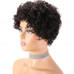 Remy Human Hair Wig Pixie Cut For Black Women Short Afro Curly Brazilian Hair Cheap Wig Human Hair Capless Wig Natural Black #1B For Daily Party