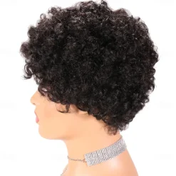 Remy Human Hair Wig Pixie Cut For Black Women Short Afro Curly Brazilian Hair Cheap Wig Human Hair Capless Wig Natural Black #1B For Daily Party