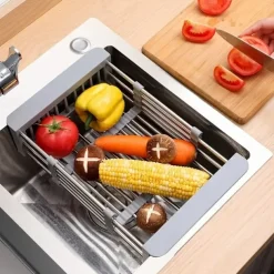 Retractable Dish Drying Rack Stainless Steel, Expandable Kitchen Strainer Drain Draining Basket Over the Sink Adjustable Armrest, Washing Bowl Shelf for Vegetable and Fruit