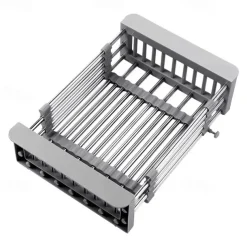 Retractable Dish Drying Rack Stainless Steel, Expandable Kitchen Strainer Drain Draining Basket Over the Sink Adjustable Armrest, Washing Bowl Shelf for Vegetable and Fruit