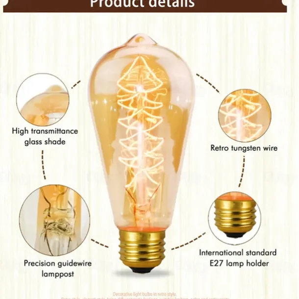 Retro Edison Bulb E27 220V 40W Light Bulb ST64 Filament Vintage Ampoule Incandescent Spiral Lamp