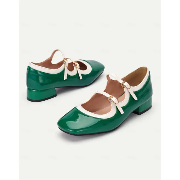 Retro Green Patent Leather Mary Jane Shoes – Women's Vintage Double-Strap Low Block Heels for Casual and Cosplay Wear