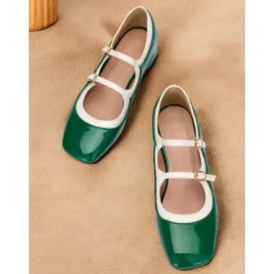 Retro Green Patent Leather Mary Jane Shoes – Women's Vintage Double-Strap Low Block Heels for Casual and Cosplay Wear