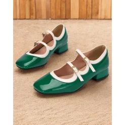 Retro Green Patent Leather Mary Jane Shoes – Women's Vintage Double-Strap Low Block Heels for Casual and Cosplay Wear