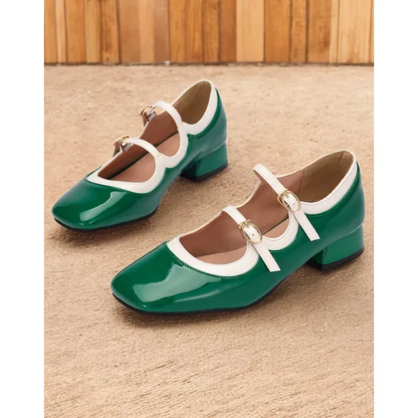 Retro Green Patent Leather Mary Jane Shoes – Women's Vintage Double-Strap Low Block Heels for Casual and Cosplay Wear