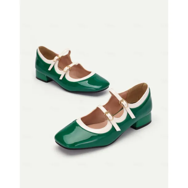 Retro Green Patent Leather Mary Jane Shoes – Women's Vintage Double-Strap Low Block Heels for Casual and Cosplay Wear