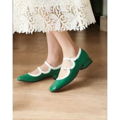 Retro Green Patent Leather Mary Jane Shoes – Women's Vintage Double-Strap Low Block Heels for Casual and Cosplay Wear