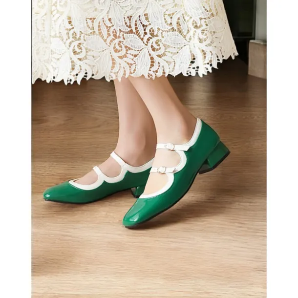 Retro Green Patent Leather Mary Jane Shoes – Women's Vintage Double-Strap Low Block Heels for Casual and Cosplay Wear